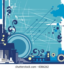 Serie de fondo de edificios urbanos, ilustración vectorial con detalles de grunge, flecha, giro y círculo.