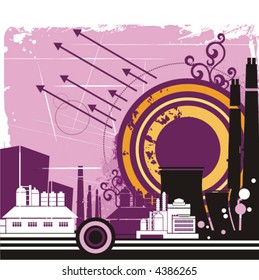 Urban buildings background series, vector illustration with grunge, arrow, swirl and circle details.