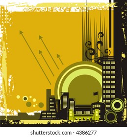 Urban buildings background series, vector illustration with grunge, arrow, swirl and circle details.