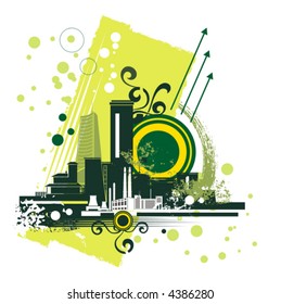 Urban buildings background series, vector illustration with grunge, arrow, swirl and circle details.