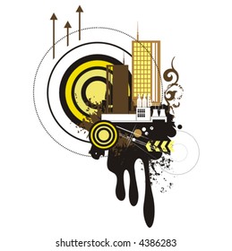 Urban buildings background series, vector illustration with grunge, arrow, swirl and circle details.