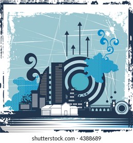 Urban buildings background series, vector illustration with grunge, arrow, swirl and circle details.