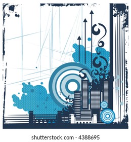 Urban buildings background series, vector illustration with grunge, arrow, swirl and circle details.