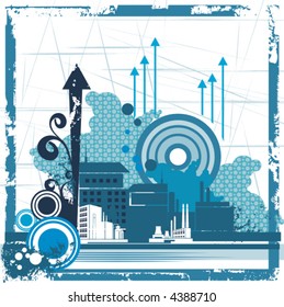 Urbane Gebäudehintergrundserien, Vektorgrafik mit Grunge, Pfeil, wirl und Kreis Details.