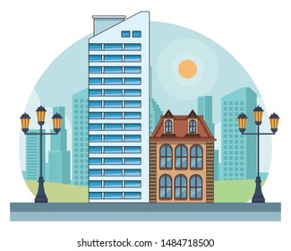 Urban buildings and city architecture, modern classics and antiques real estates edifices in black and white vector illustration graphic design.