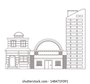 Urban buildings and city architecture, modern classics and antiques real estates edifices in black and white vector illustration graphic design.