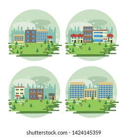 Urban buildings cityscape view set of round scenarios collection isolated vector illustration graphic design