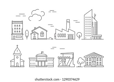Urban buildings icon. Houses living rooms villa exterior suburban vector linear symbols isolated