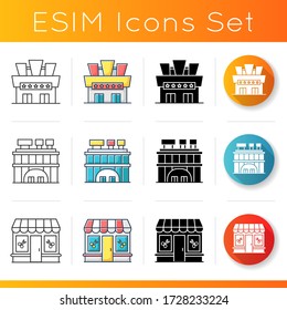 Urban buildings icons set. Cinema exterior. Movie theater. Shopping center facade. Beauty salon front. Barber shop storefront. Linear, black and RGB color styles. Isolated vector illustrations