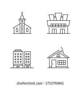 Urban buildings pixel perfect linear icons set. Town church. Cinema theater entrance. Customizable thin line contour symbols. Isolated vector outline illustrations. Editable stroke