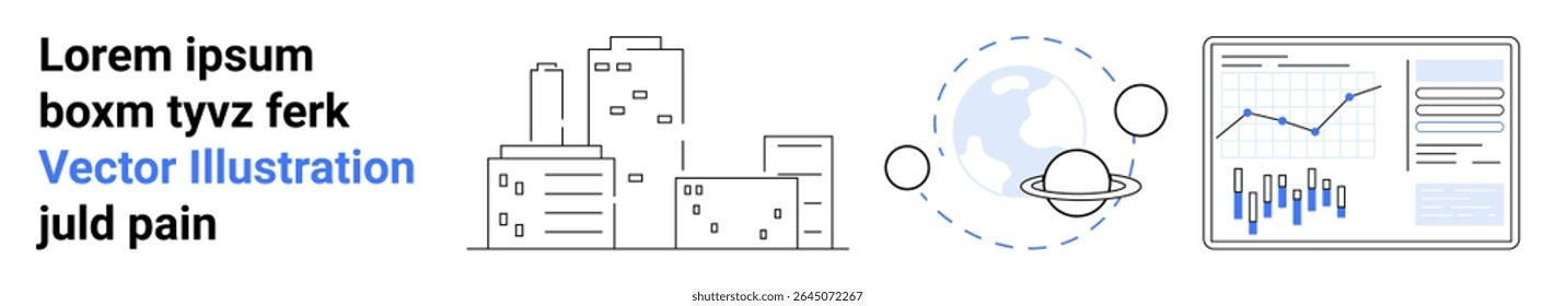 Urban buildings, planetary rings, connected dots, and data analytics in a minimalistic style. Ideal for technology, data analysis, urban development, space exploration, global connectivity