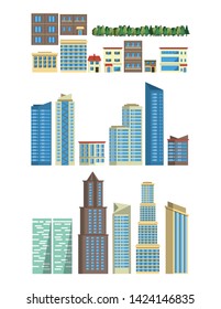 Edificios urbanos y rascacielos conjuntos aislados de iconos vectoriales diseño gráfico