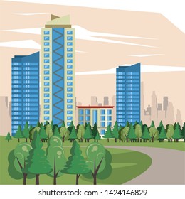 Urban buildings skysrapers and park cityscape view scenary vector illustration graphic design