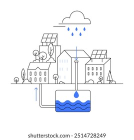 Edifícios urbanos com painéis solares, captação de águas pluviais, armazenamento subterrâneo. Ideal para sustentabilidade, vida ecologicamente correta, conservação da água, construção ecológica, planejamento urbano. Estilo moderno de arte de linha.