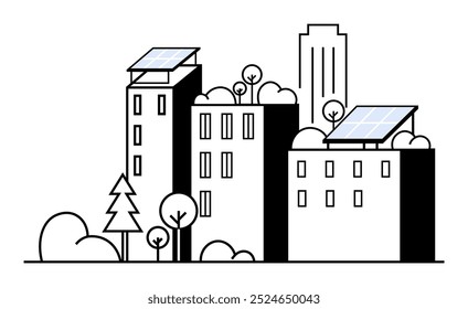 Urban buildings with solar panels, surrounded by trees. Ideal for green energy, urban living, sustainability, renewable energy, eco-friendly design. Minimalist flat vector.
