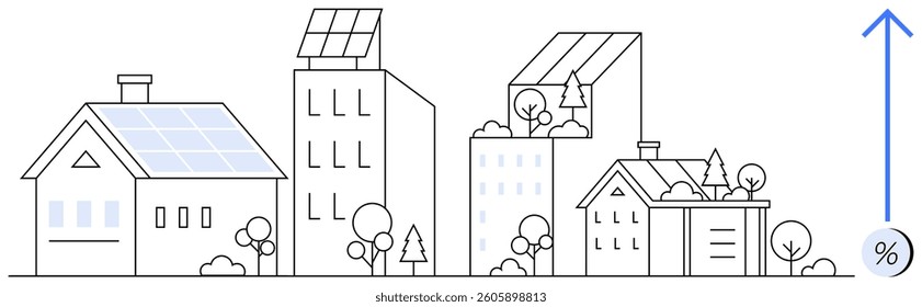 Urban buildings with solar panels and trees on rooftops represent renewable energy and sustainability. Blue arrow and percentage sign indicating increasing savings. Ideal for sustainability