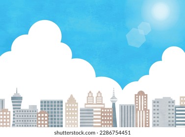 Urban buildings and summer sky watercolor