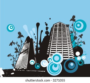 Urban buildings vector background with grunge and floral elements. Check my portfolio for much more of this series as well as thousands of similar and other great vector items.