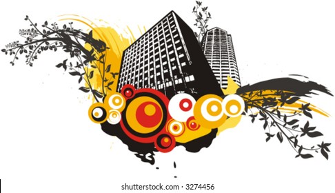 Urban buildings vector background with grunge and floral details. Check my portfolio for much more of this series as well as thousands of similar and other great vector items.