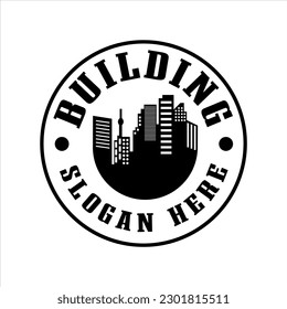 Diseño del logotipo del vector de edificios urbanos Ilustración vectorial de la época retro, etiqueta decorativa de la silueta negra