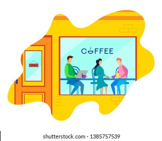 Urban cafe and Diverse Visitors Students Coworkers Lifestyle Design Vector Illustration Male Female Lovers Friends Couple Dating Having Lunch Businessman Freelancer Working Laptop Vector Illustration