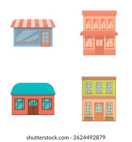 Urban cafe icons set cartoon vector. Colorful facade of cafe with canopy. Commercial building