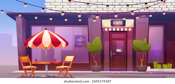 Urban cafe on city street corner. Vector cartoon illustration of coffee shop facade with furniture outdoors, paper cups on table, wooden chairs under umbrella. Modern cafeteria decorated with garlands