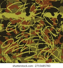 Caligrafía Urbana sin patrón con letra abstracta de graffiti. Diseño de arte callejero para camiseta con estampado de camuflaje. Fondo sucio del grunge. Camuflaje de colores verde y marrón. Fondo de pantalla de Vector