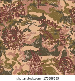 Urban camouflage with military badges - Grunge vector seamless pattern