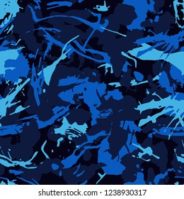 Urban camouflage, modern fashion design. Camo military protective. Army uniform. Grunge pattern. Blue sea shade color, fashionable, fabric. Vector seamless texture.