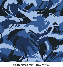 Urban camouflage, modern fashion design. Grunge texture with dry brush strokes for plaid, cloth, shirt. Blue sea shade color, fashionable, fabric. Vector seamless camo pattern.