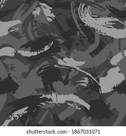 Urban camouflage, modern fashion design. Camo military protective. Army uniform. Grunge dry brush pattern. Black and white, monochrome, fashionable, fabric. Vector seamless stroke texture.