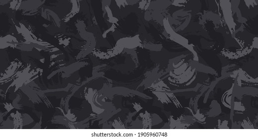 Urban camouflage, modern fashion design. Camo military protective. Army uniform. Grunge pattern. Black monochrome, fashionable, fabric. Vector seamless texture.