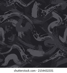 Urban camouflage, modern fashion design. Camo military protective. Army uniform. Grunge pattern. Black monochrome, fashionable, fabric. Vector seamless texture.