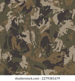 Urban camouflage, modern fashion design. Camo military protective. Army uniform. Grunge brush stroke pattern. Black khaki green and dark brown fashionable fabric print. Vector seamless texture