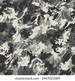 Urban camouflage, modern fashion design. Camo military protective. Army uniform. Grunge pattern. Black and white, monochrome, fashionable, fabric. Vector seamless texture.