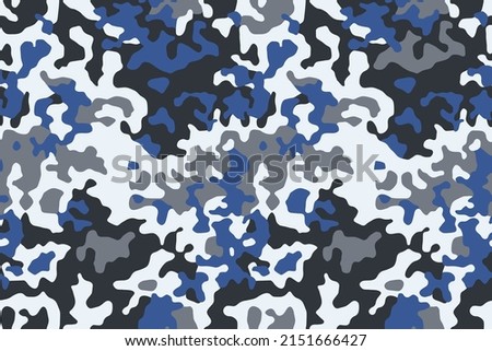 Urban camouflage print. Abstract seamless pattern. Disguise contours in urban environments. Stylish pattern for sports and tourist clothes. Classic blue-gray camo texture. Vector wallpaper 