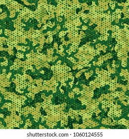 Urban camouflage seamless pattern. Abstract military hexagon style. Camouflage seamless pattern for army, navy, hunting, fashion cloth textile. Colorful modern soldier style. Vector honeycomb texture.