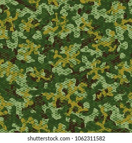 Urban camouflage seamless pattern. Abstract military hexagon style. Camouflage seamless pattern for army, navy, hunting, fashion cloth textile. Colorful modern soldier style. Vector honeycomb texture