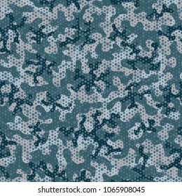 Urban camouflage seamless pattern. Abstract military hexagon style. Camouflage seamless pattern for army, navy, hunting, fashion cloth textile. Colorful modern soldier style. Vector honeycomb texture