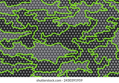 Urban camouflage seamless pattern. Gray hexagon (honeycomb) texture and green neon outlines. Black background.