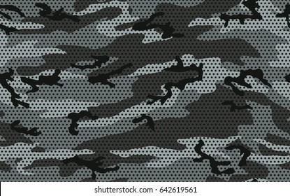 Urban camouflage seamless pattern. Halftone (dot) texture. Black and gray shades.