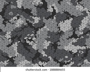Urban camouflage seamless pattern. Isometric grid lines texture. Black, gray and white color scheme.