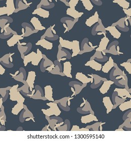 Urban camouflage of various shades of beige and blue colors. It is a colorful seamless pattern that can be used as a camo print for clothing and background and backdrop or computer wallpaper