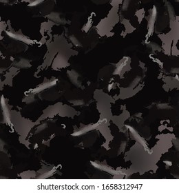 Urban camouflage of various shades of black, grey and brown colors. It is a colorful seamless pattern that can be used as a camo print for clothing and background and backdrop or computer wallpaper