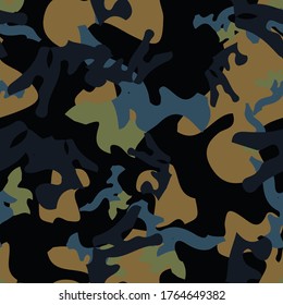 Urban camouflage of various shades of black, blue, green and brown colors. It is a colorful seamless pattern that can be used as a camo print for clothing and background and backdrop or computer wallp