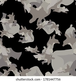 Urban camouflage of various shades of black and grey colors. It is a colorful seamless pattern that can be used as a camo print for clothing and background and backdrop or computer wallpaper