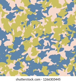 Urban camouflage of various shades of blue, yellow and beige colors. It is a colorful seamless pattern that can be used as a camo print for clothing and background and backdrop or computer wallpaper