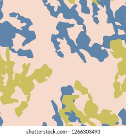 Urban camouflage of various shades of blue, yellow and beige colors. It is a colorful seamless pattern that can be used as a camo print for clothing and background and backdrop or computer wallpaper