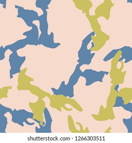 Urban camouflage of various shades of blue, yellow and beige colors. It is a colorful seamless pattern that can be used as a camo print for clothing and background and backdrop or computer wallpaper